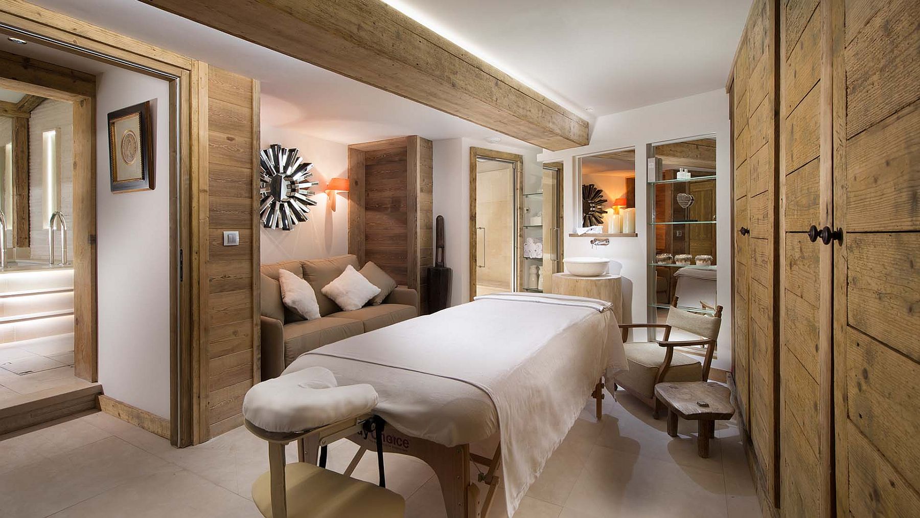 Spa and massage room at fabulous French chalet among the alps