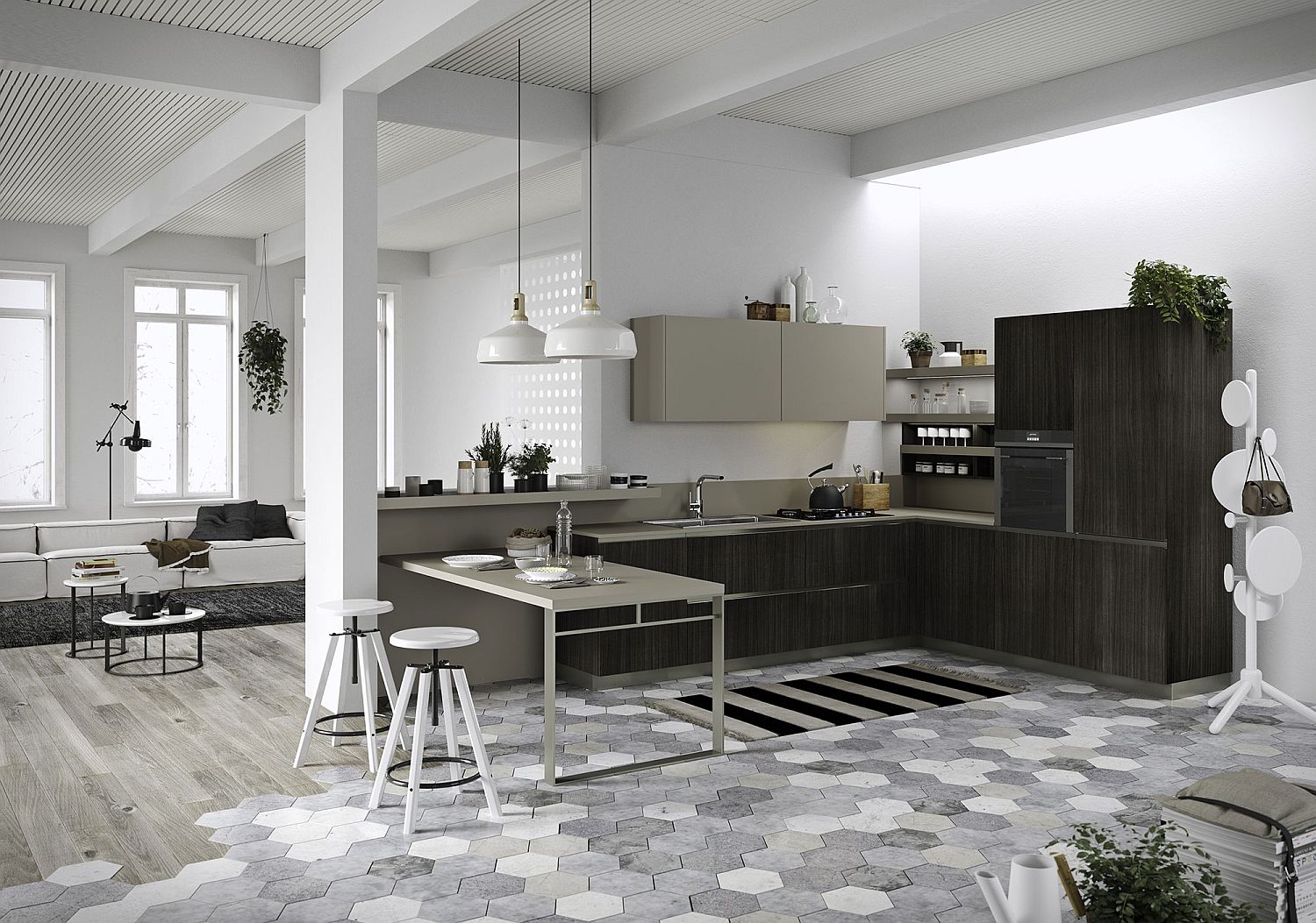 Space-savvy kitchen composition with slim breakfast bench and hexagonal tiles