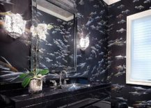 Sparkling-black-bathroom-vanity-seems-to-blend-into-the-black-wallpapered-backdrop-217x155