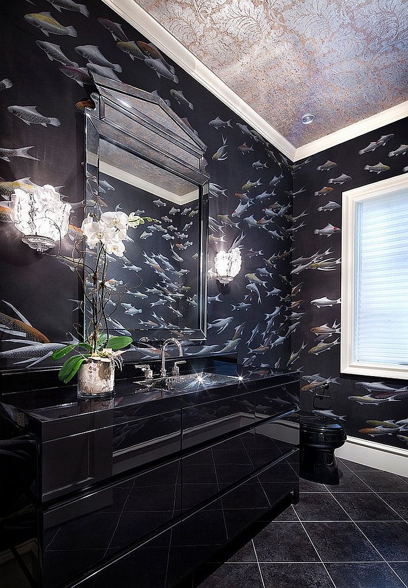 Sparkling black bathroom vanity seems to blend into the black, wallpapered backdrop