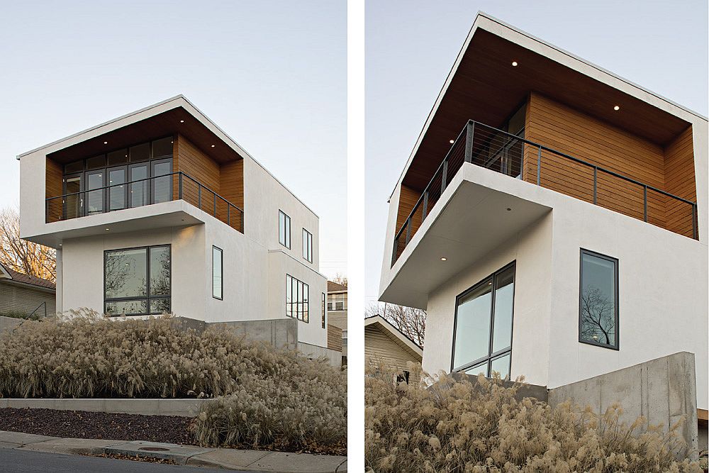 Stained cedar adds warmth to the modern home in white