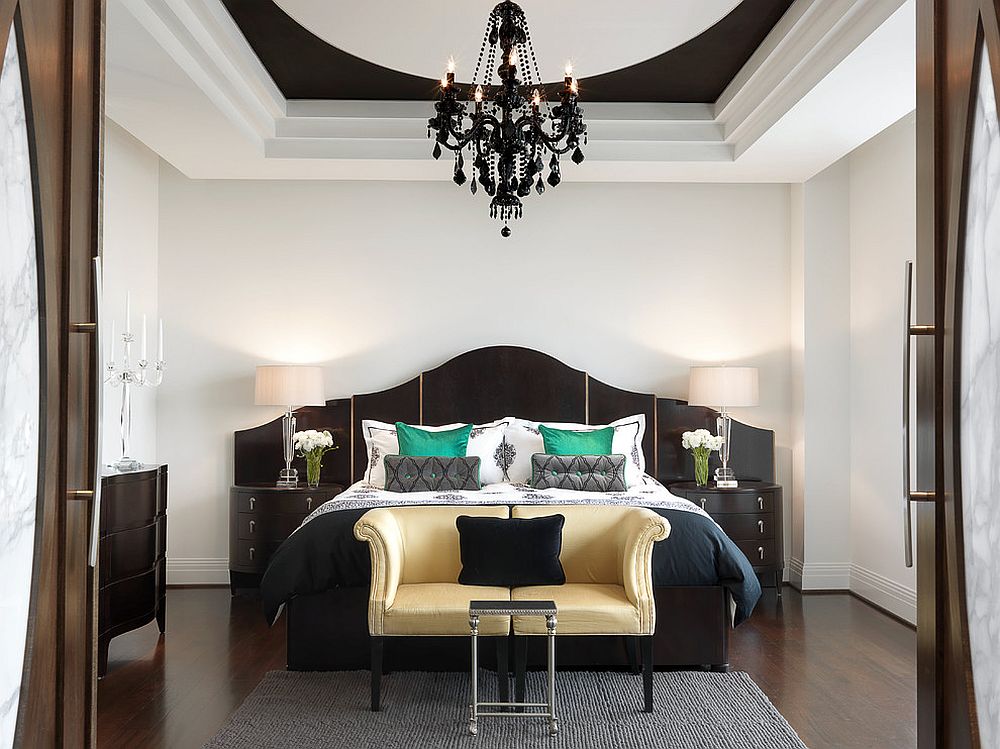 Striking black chandelier for the bedroom in white