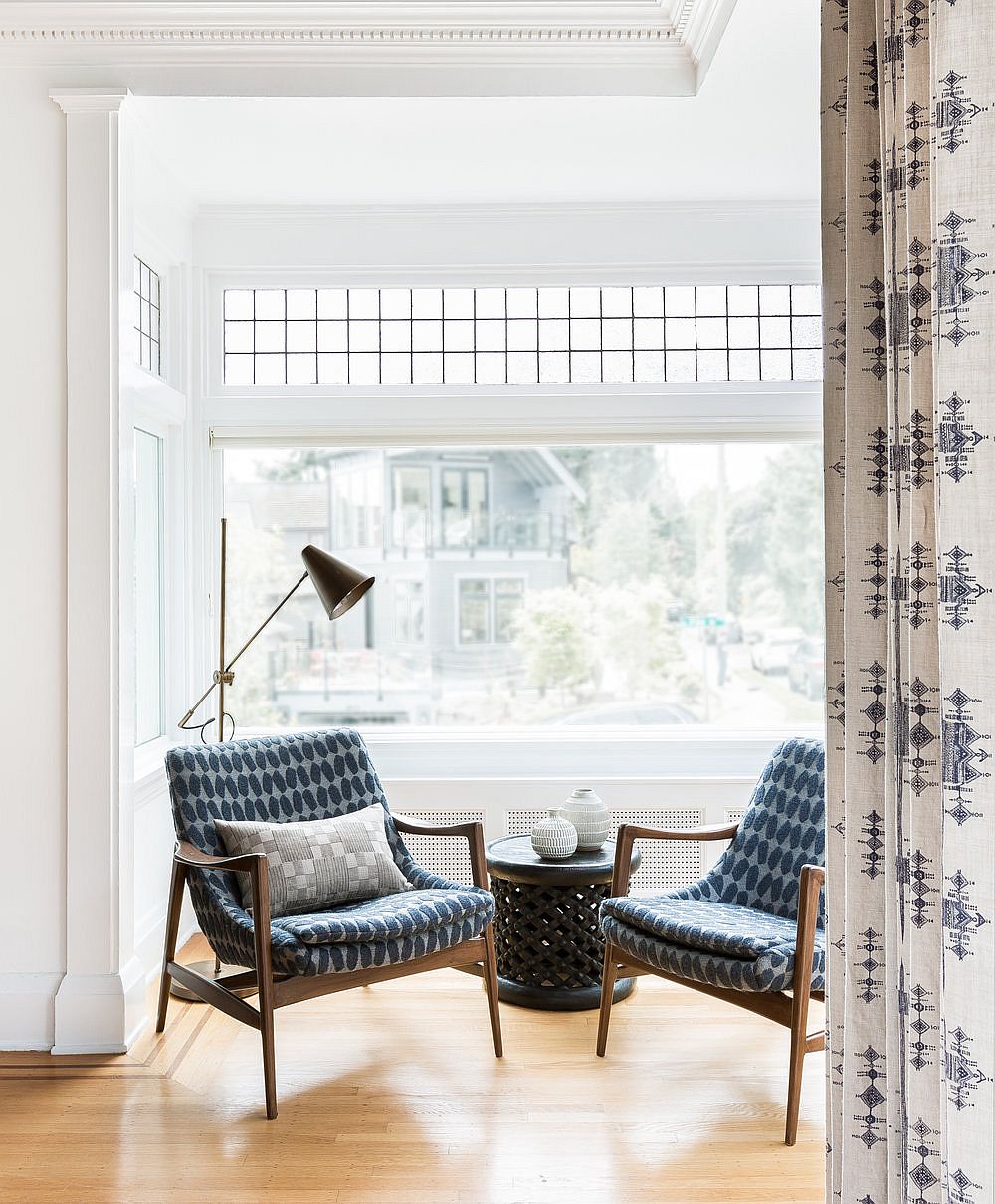 Subtle pattern and a flood of natural lighting shapes a cool reading nook