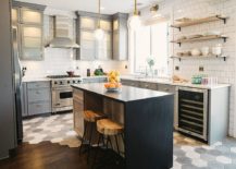 Transitional kitchen with wood and tile floor 217x155 Gorgeous Geo Flair: 10 Trendy Kitchens with Hexagonal Tiles