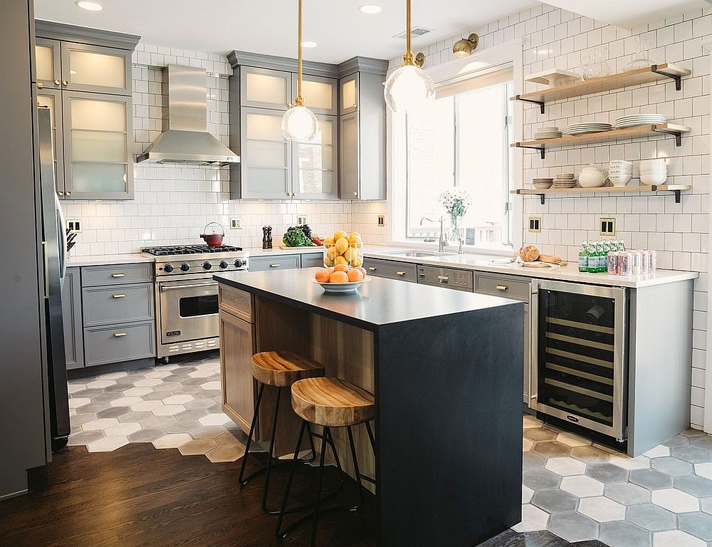 Transitional kitchen with wood and tile floor