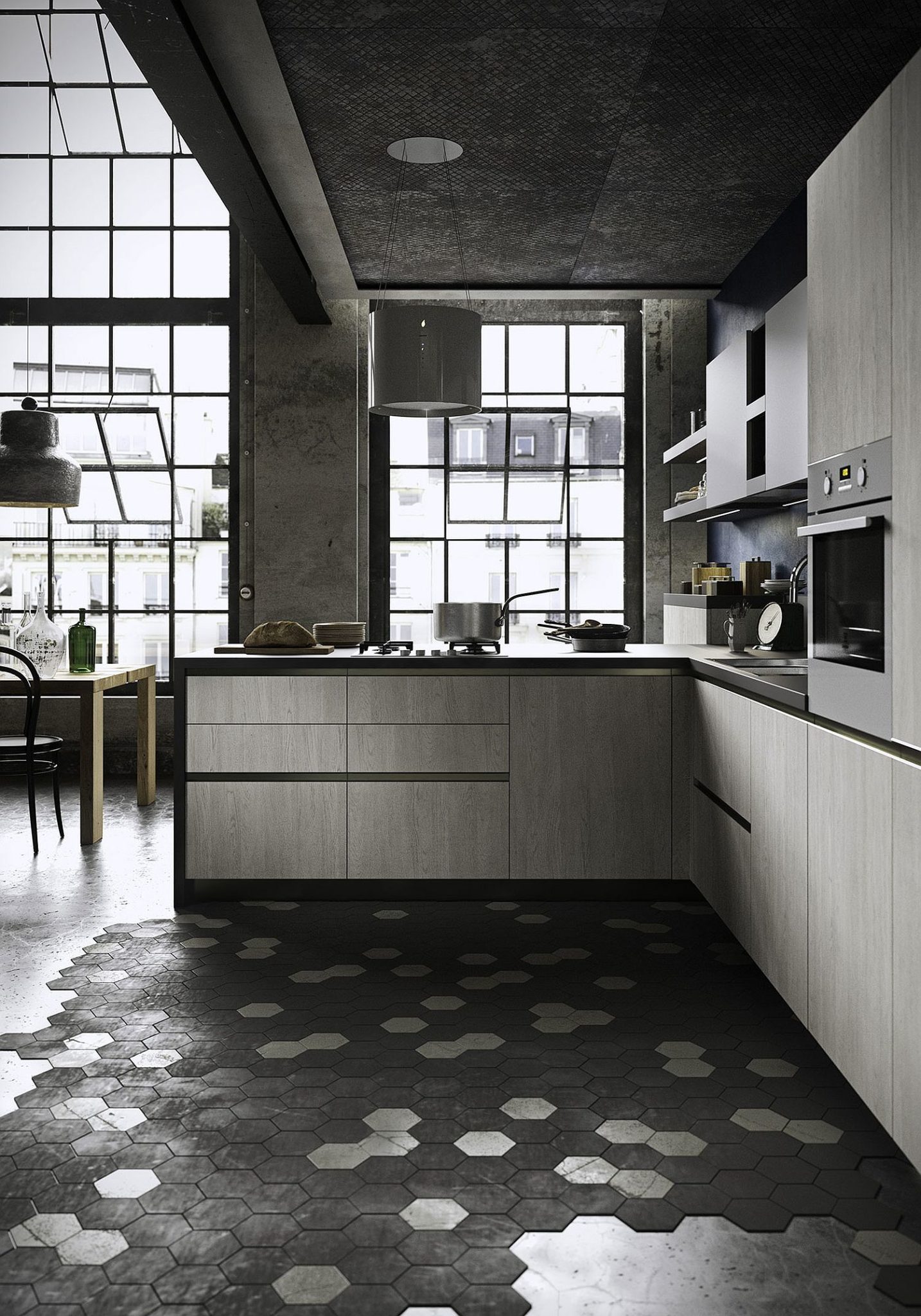 Ulra-minimal-kitchen-with-hexagonal-floor-tiles