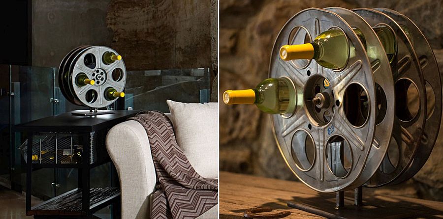 Vintage film reel DIY wine rack