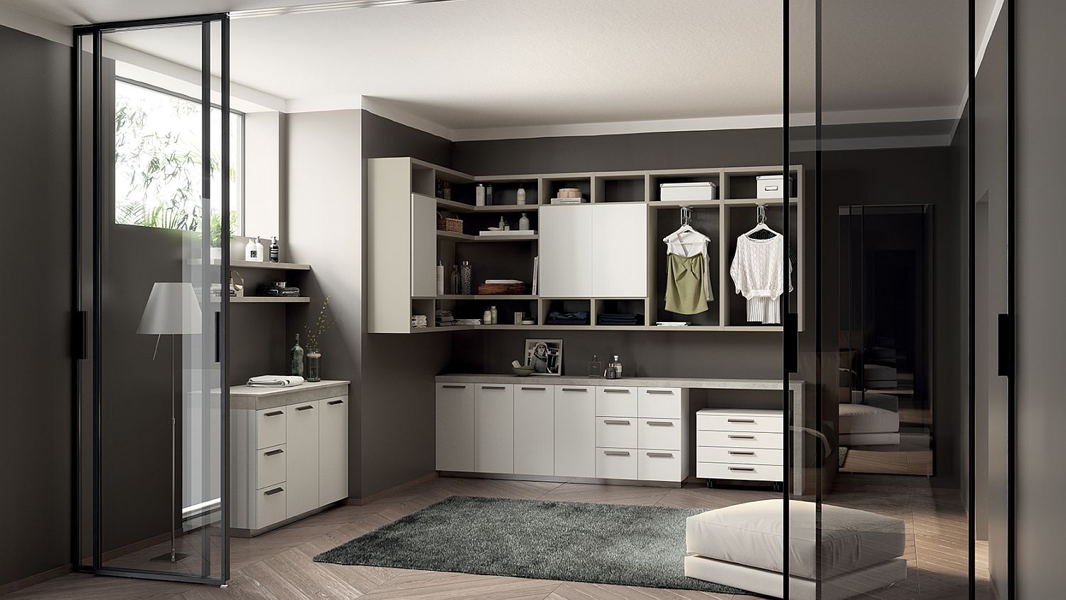 Wardrobes and storage racks are combined with the bathroom and laundry space hybrid