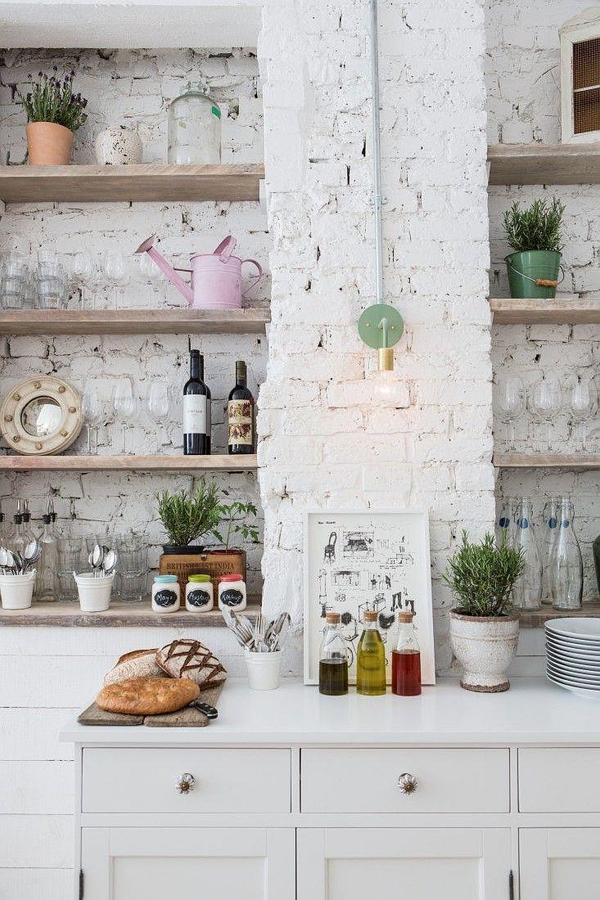 White-brick-wall-and-rustic-wooden-shelves-for-the-eclectic-kitchen