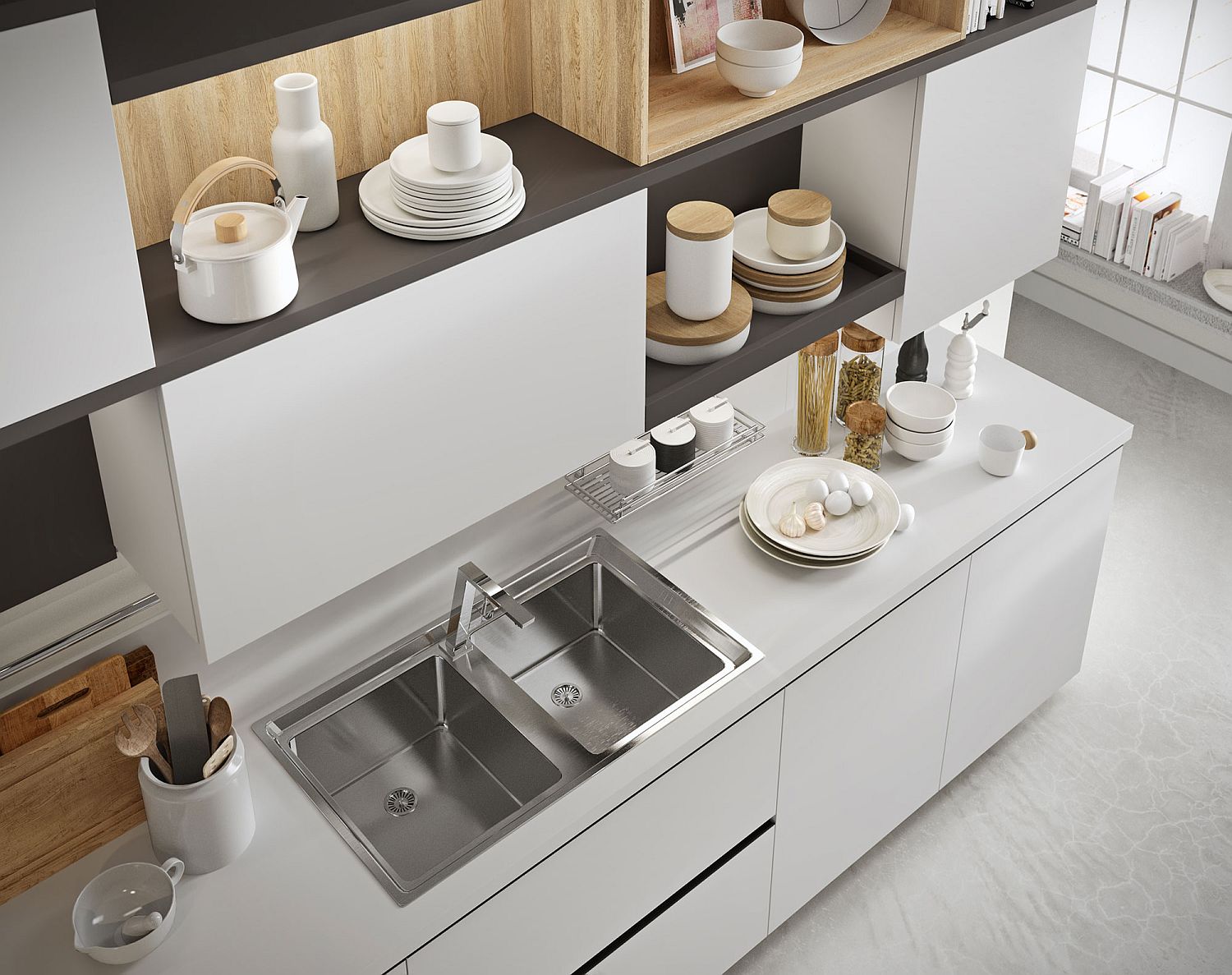 White, wood and gray kitchen cabinets for the modern, minimalist space