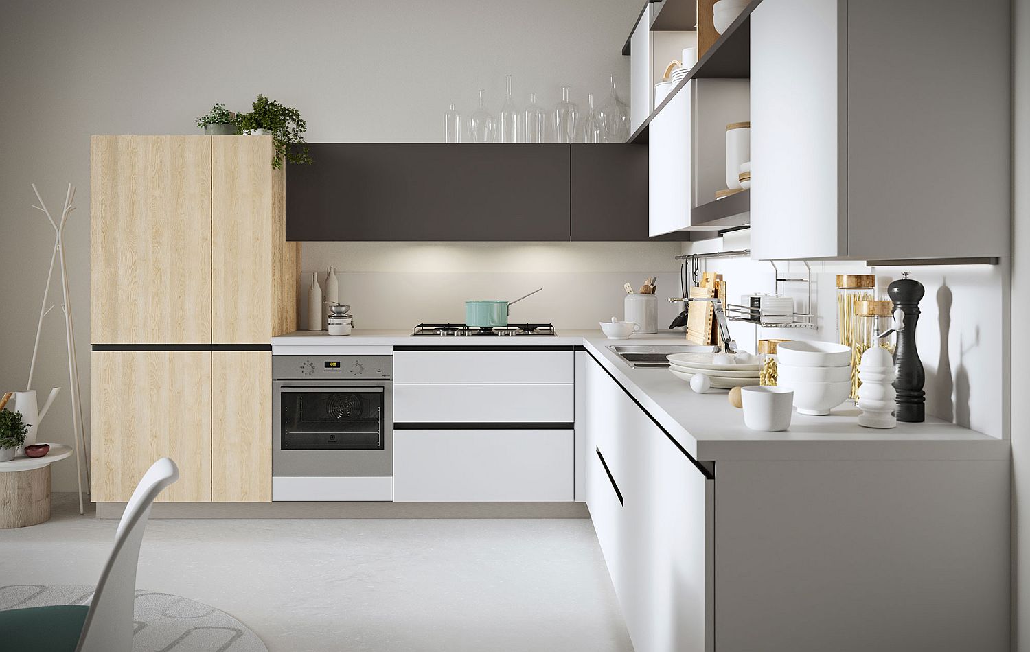 Wooden cabinets in the corner add textural contrast to minimalist