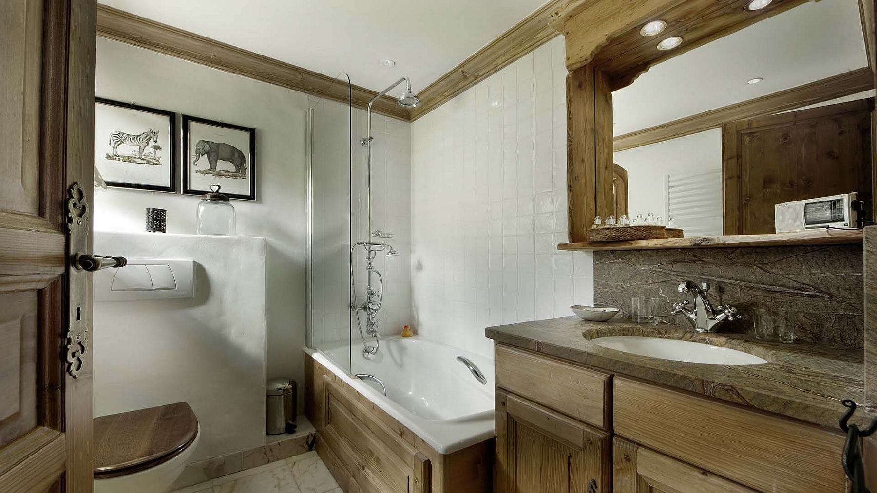 Wooden vanity and custom bathroom inside the luxury chalet