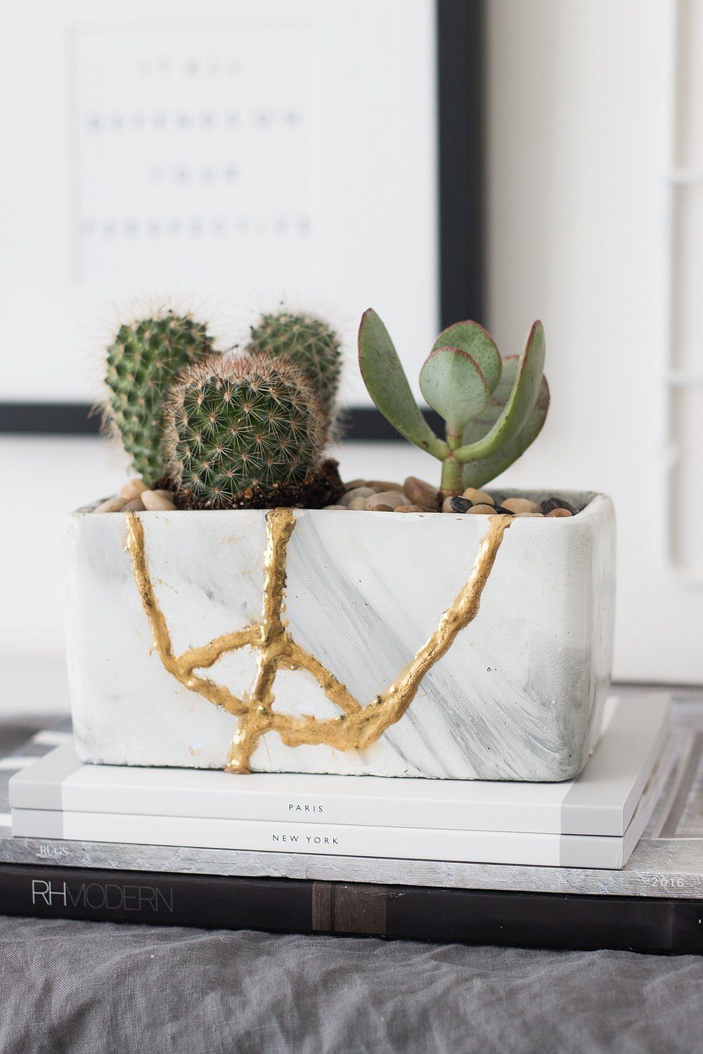 A closer look at the unique DIY Kintsugi planter with metallic glint