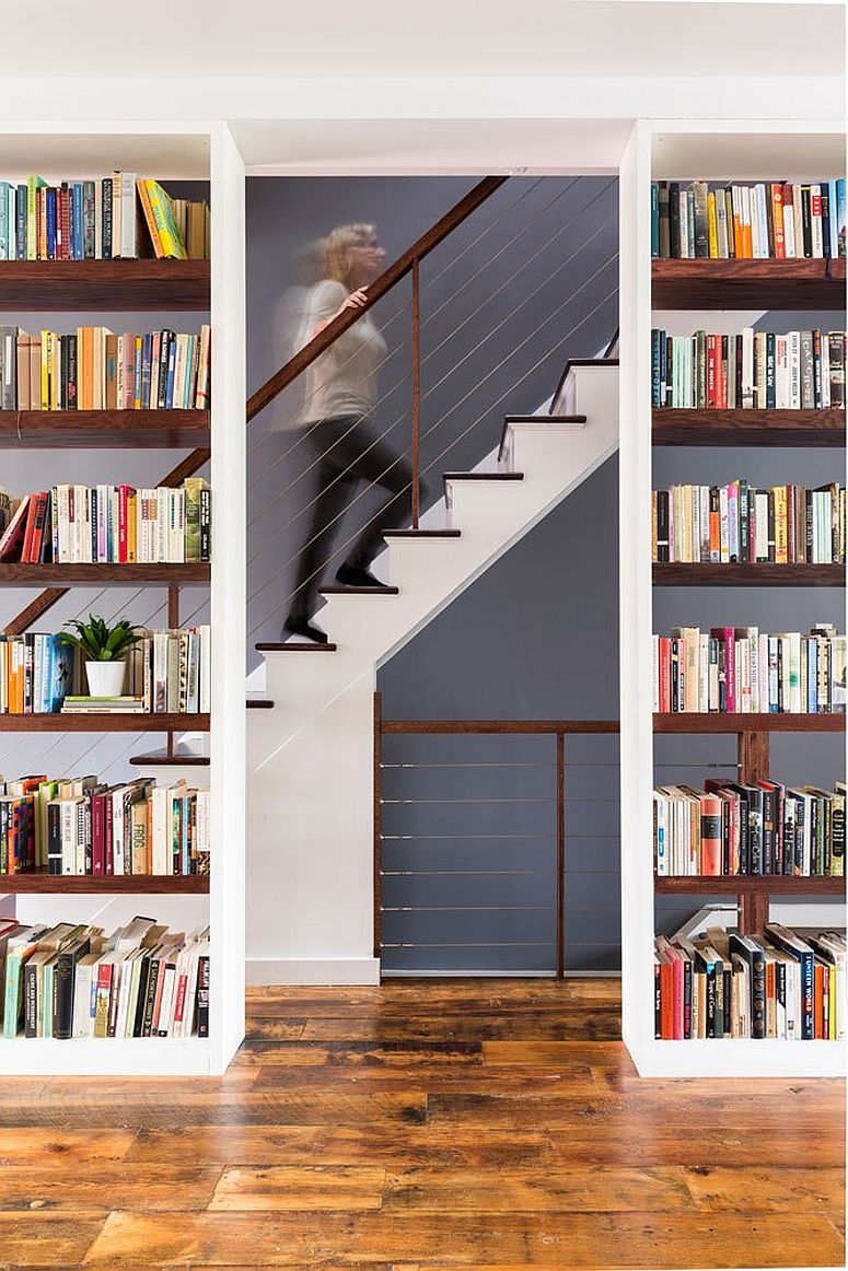 Beams supporting the interior were turned into stylish bookshelves
