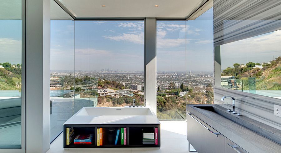 Built-in shelves of the bath tub provide ample space for books and magazines