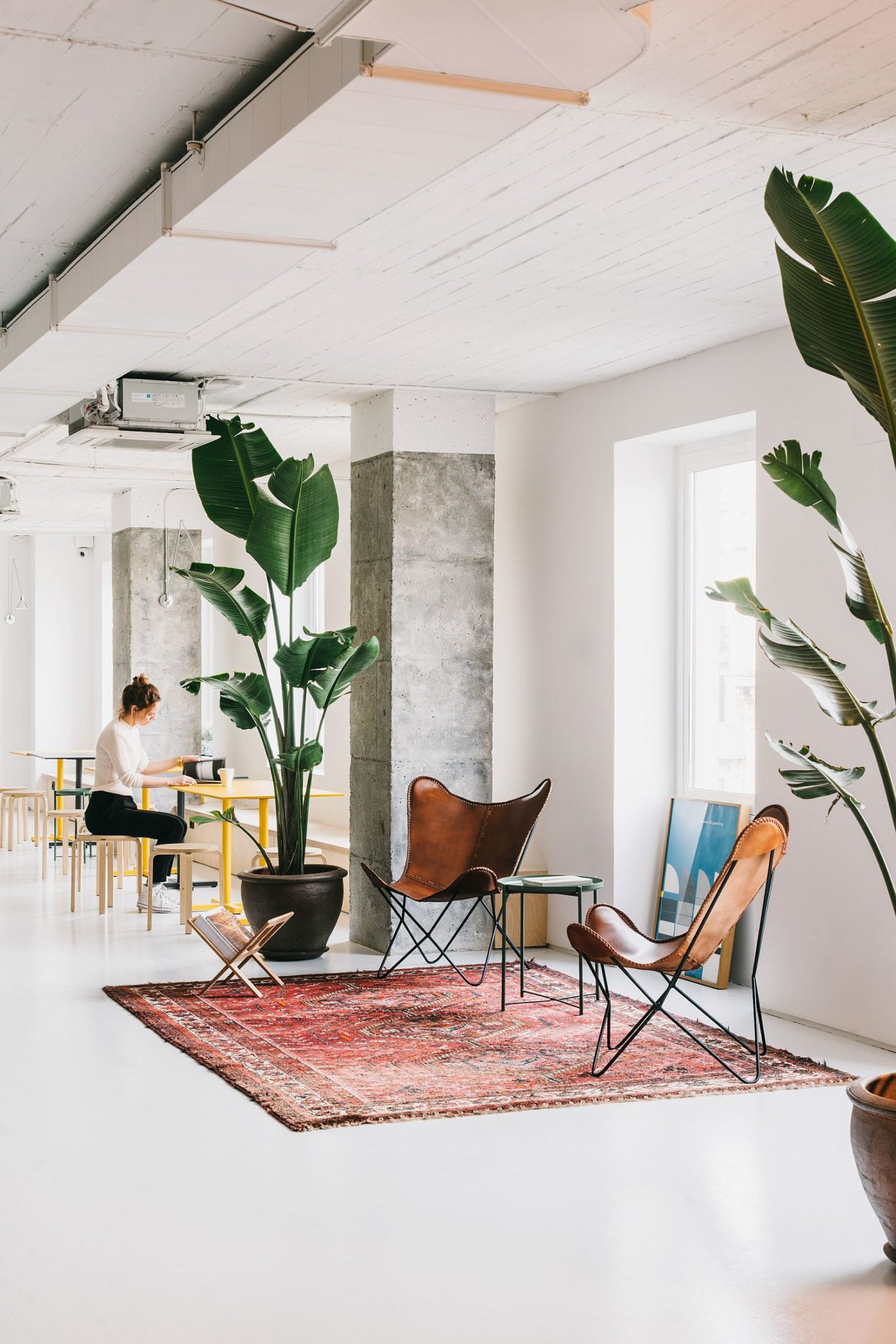 Carpet and chairs bring color to the neutral office setting