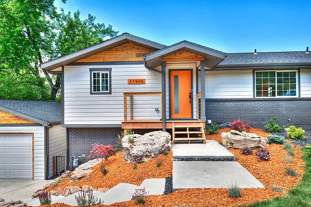 Cheerful exterior of modern home in white, gray and orange