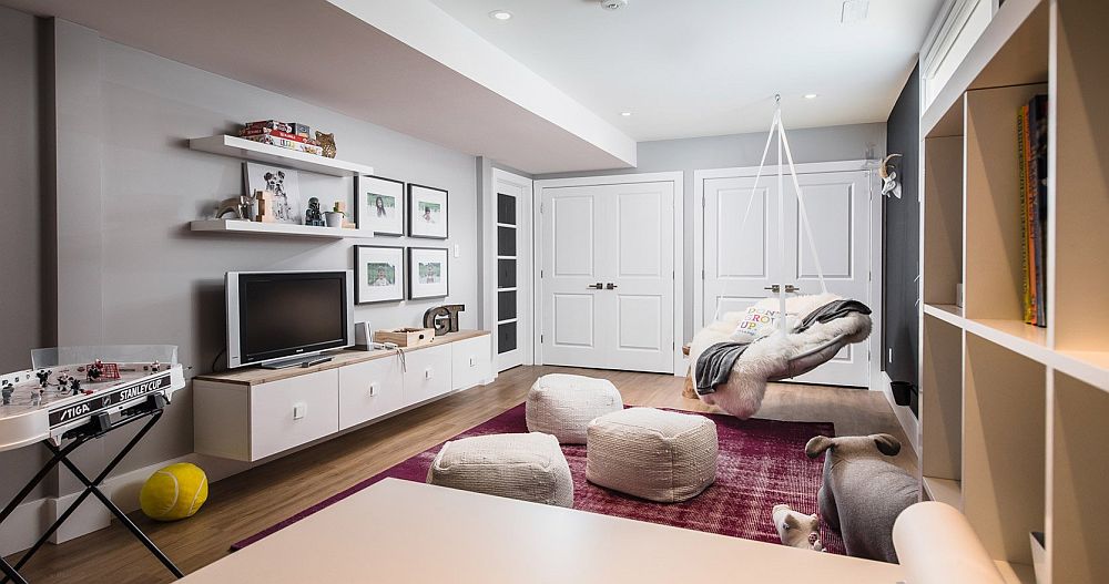 Chic kids' room ottomans combined with hanging chair create a fun hangout