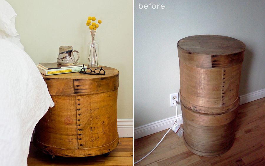 DIY Nightstand crafted using old cheese boxes is a smart space-saver!