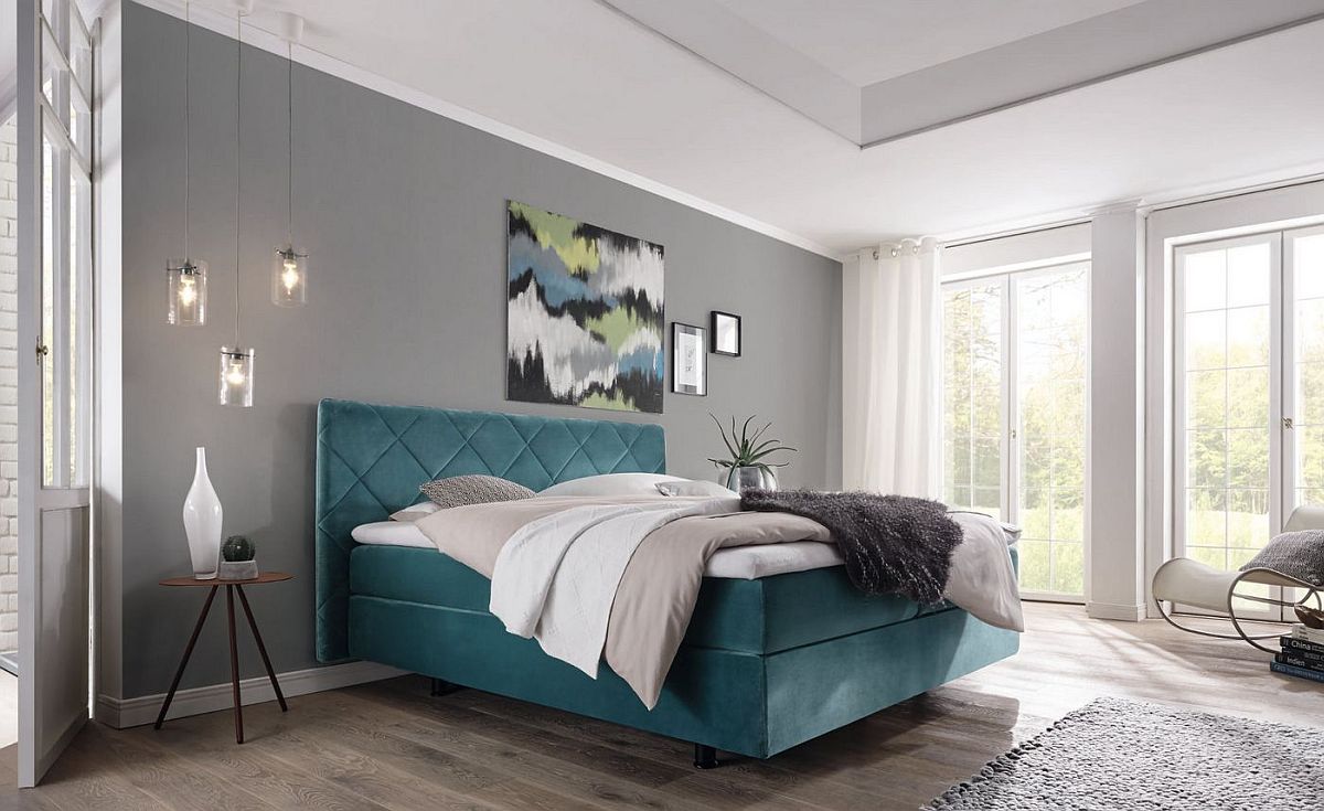 Dashing contemporary bedroom in white and gray with blue Boxspring