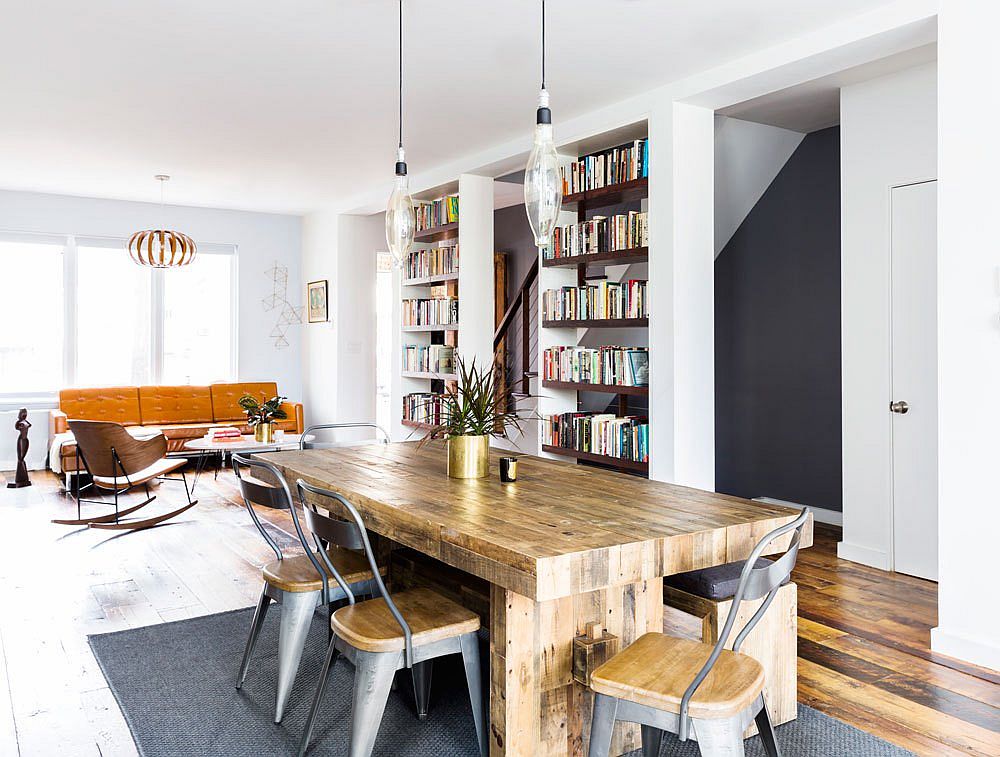 Dining space with natural wood dining table and matching chairs