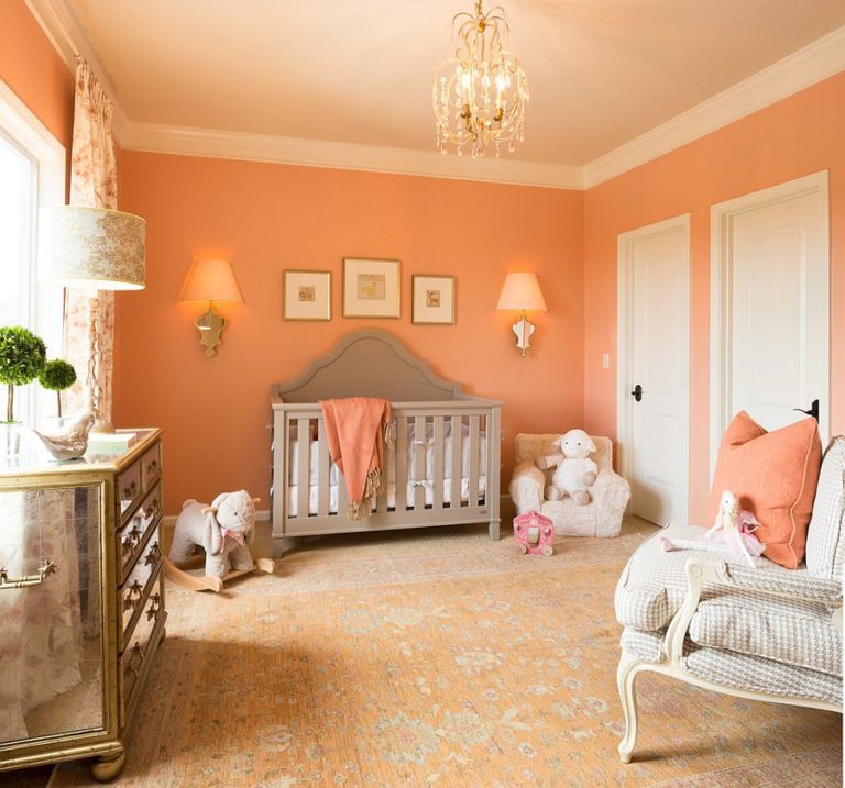 Exquisite Nursery In Peach Blossom And White Is Perfect For The Baby Girl 768x717 