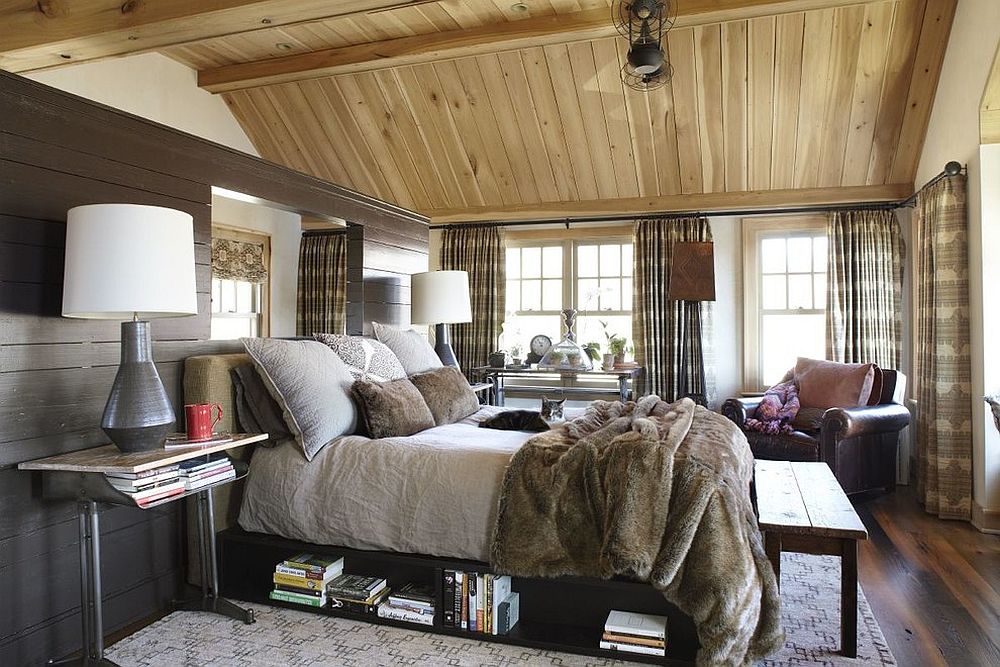 Farmhouse bedroom with open shelf under the bed for books