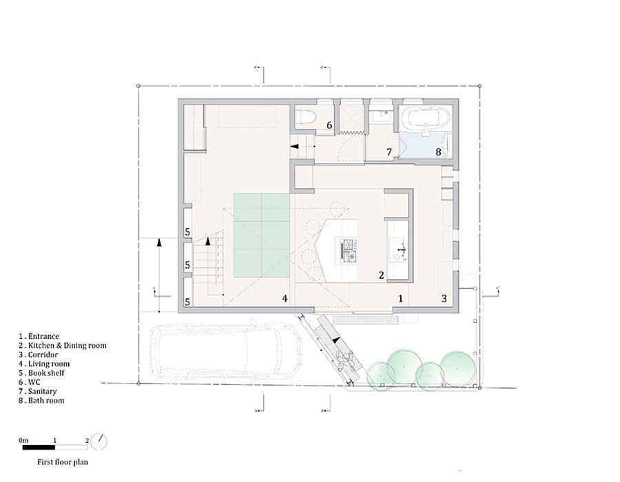 First floor plan with living area and kitchen