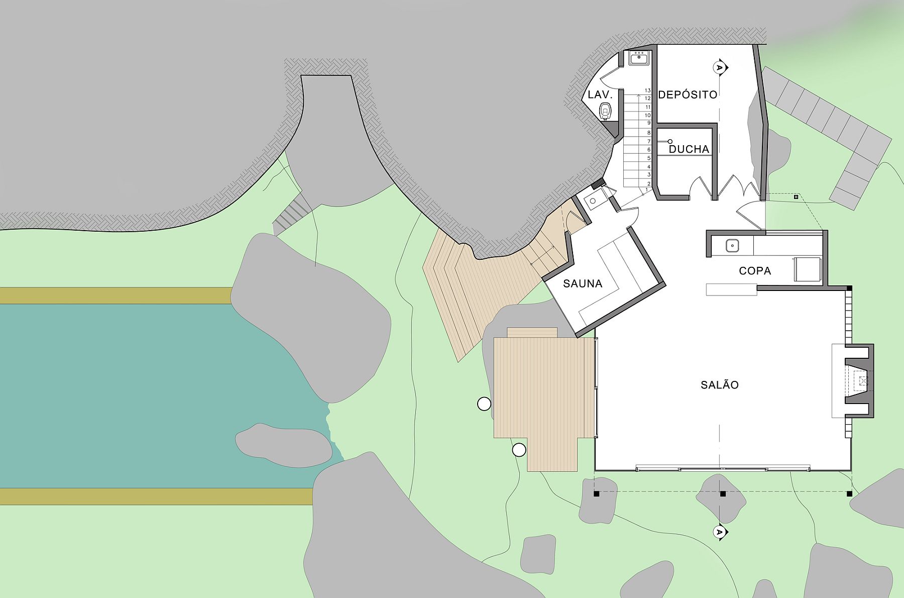 Floor plan of pavilion next to the natural pool