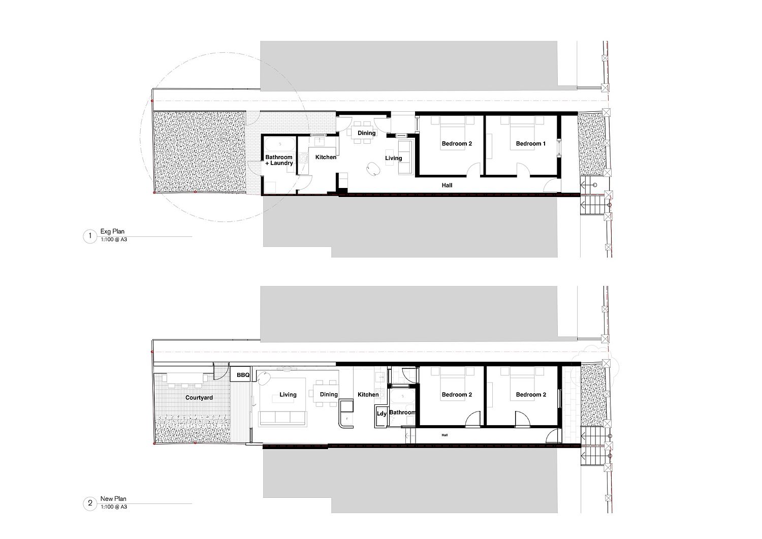 Floor plan of the Brick House before and after renovation