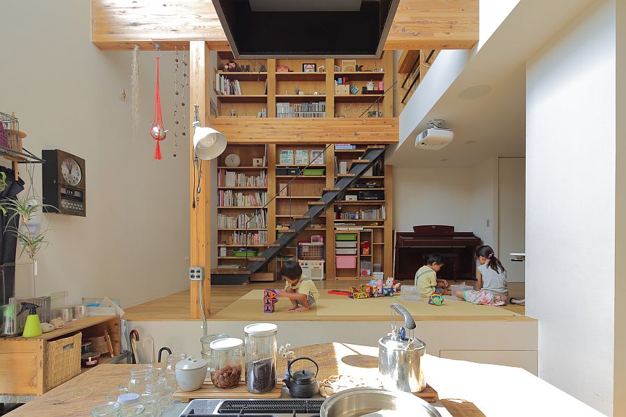 Kitchen-and-living-area-with-bookshelf-in-the-backdrop