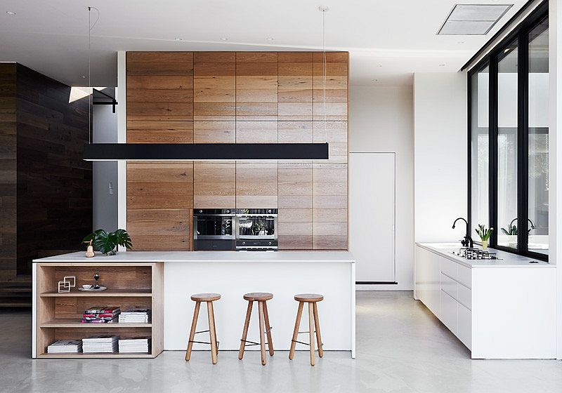 Kitchens With Concrete Floors A Sustainable And Durable Trend Decoist   Light Oak Shelving Combined With Polished White Finishes And A Concrete Floor 