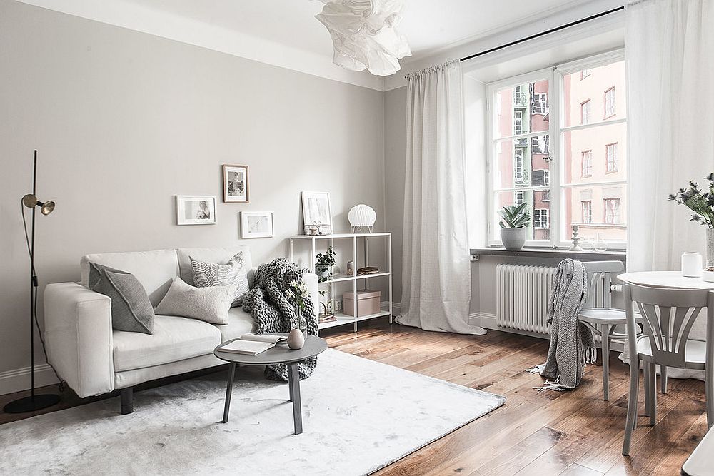Scandinavian style living room in gray and white