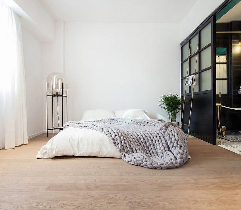 Simple and minimal bedroom idea with black powder coated stainless steel sliding doors