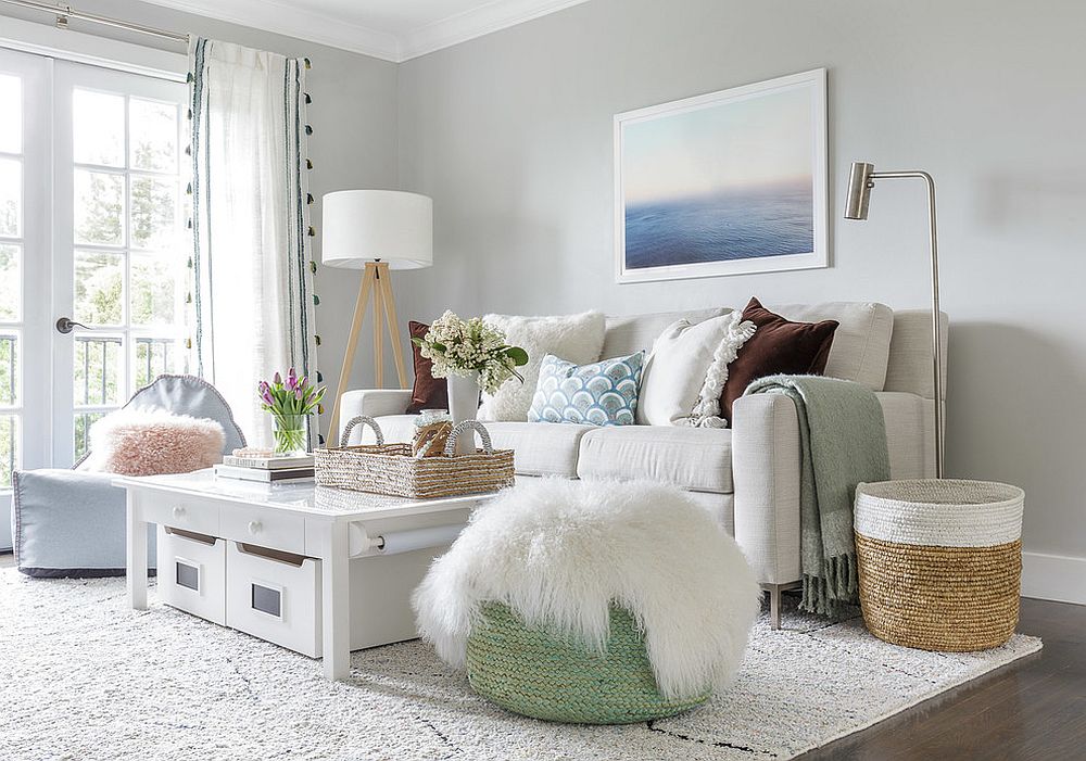 Small and chic living room idea in white with a light gray backdrop