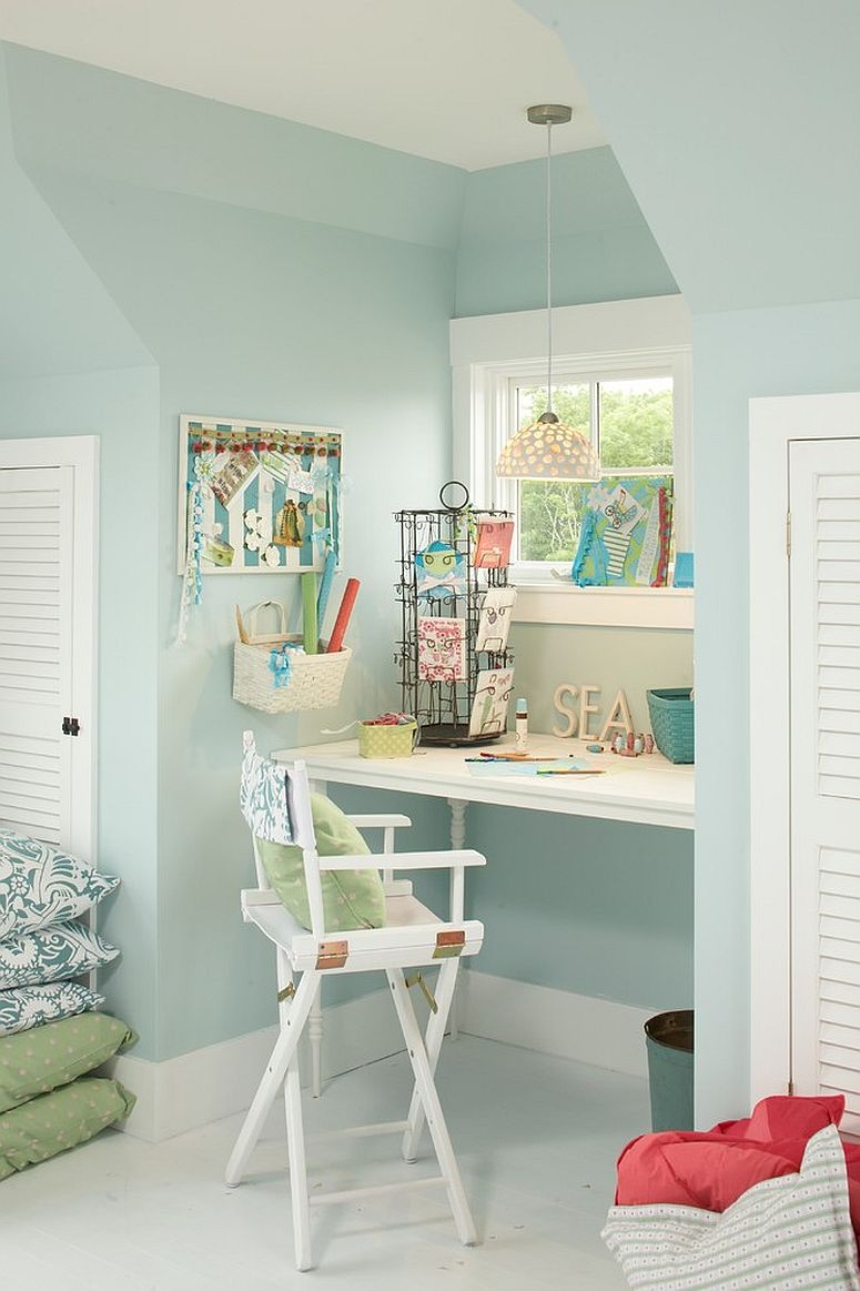 Small beach style home workspace in pastel blue