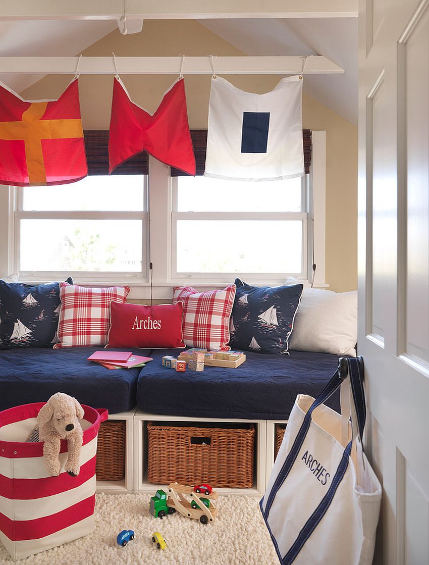 Small bench next to the window and plush cushions can create a cozy setaing option