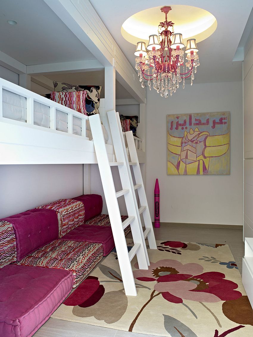 Space-savvy contemporary kids' room with loft beds and modular seating below