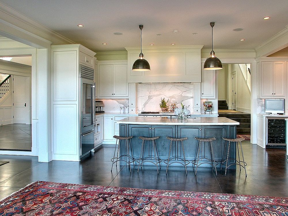 Traditional-kitchen-with-blue-island-and-concrete-floor