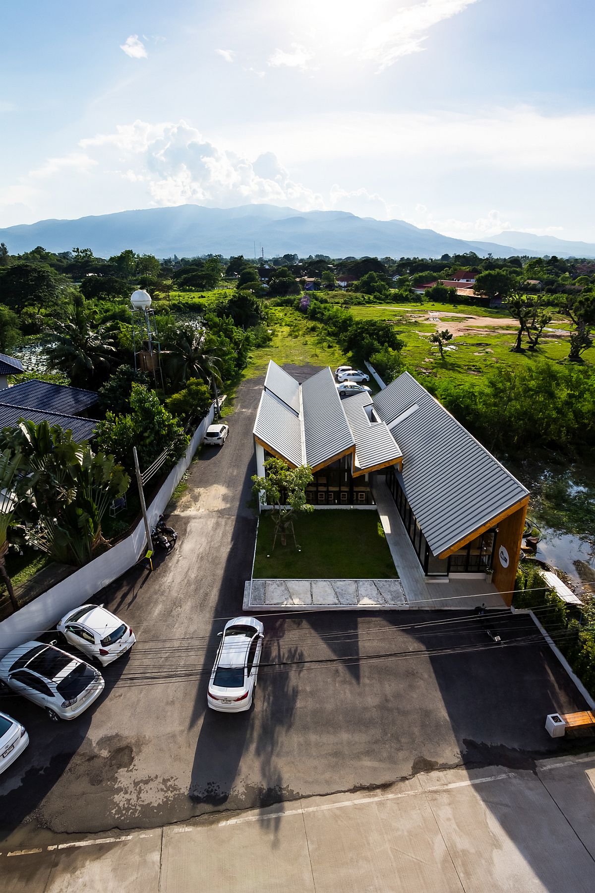 Undulating roof gives the office space a unique look and protection from rain