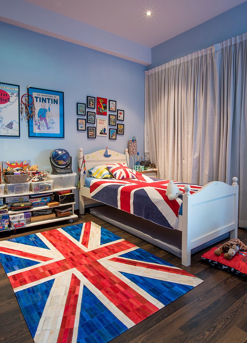 Union Jack Cowhide rug from The Cinnamon Room steals the show here