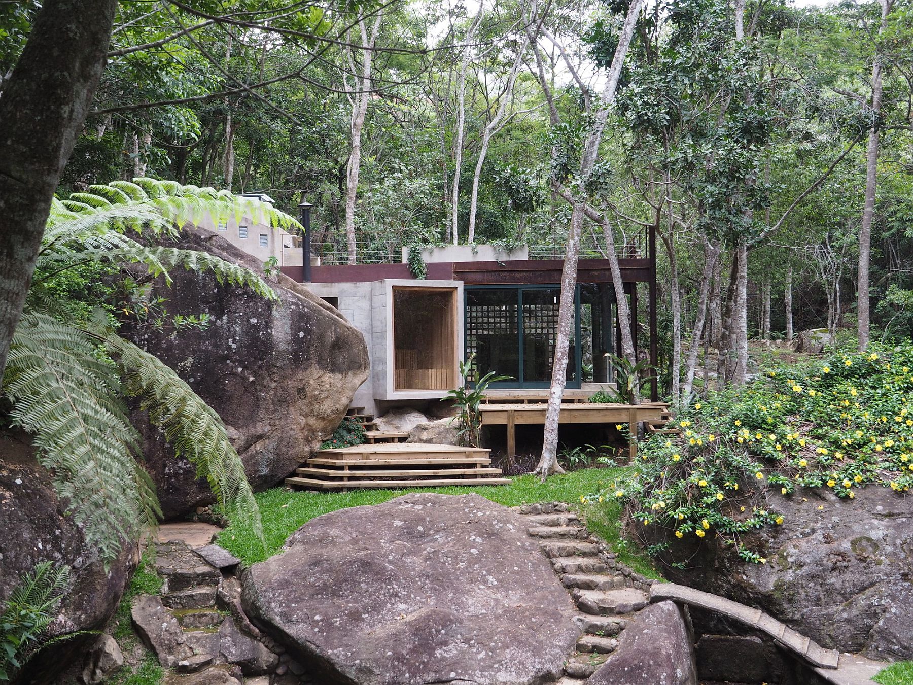 View of the multi-tasking pavilion from the natural swimming pool