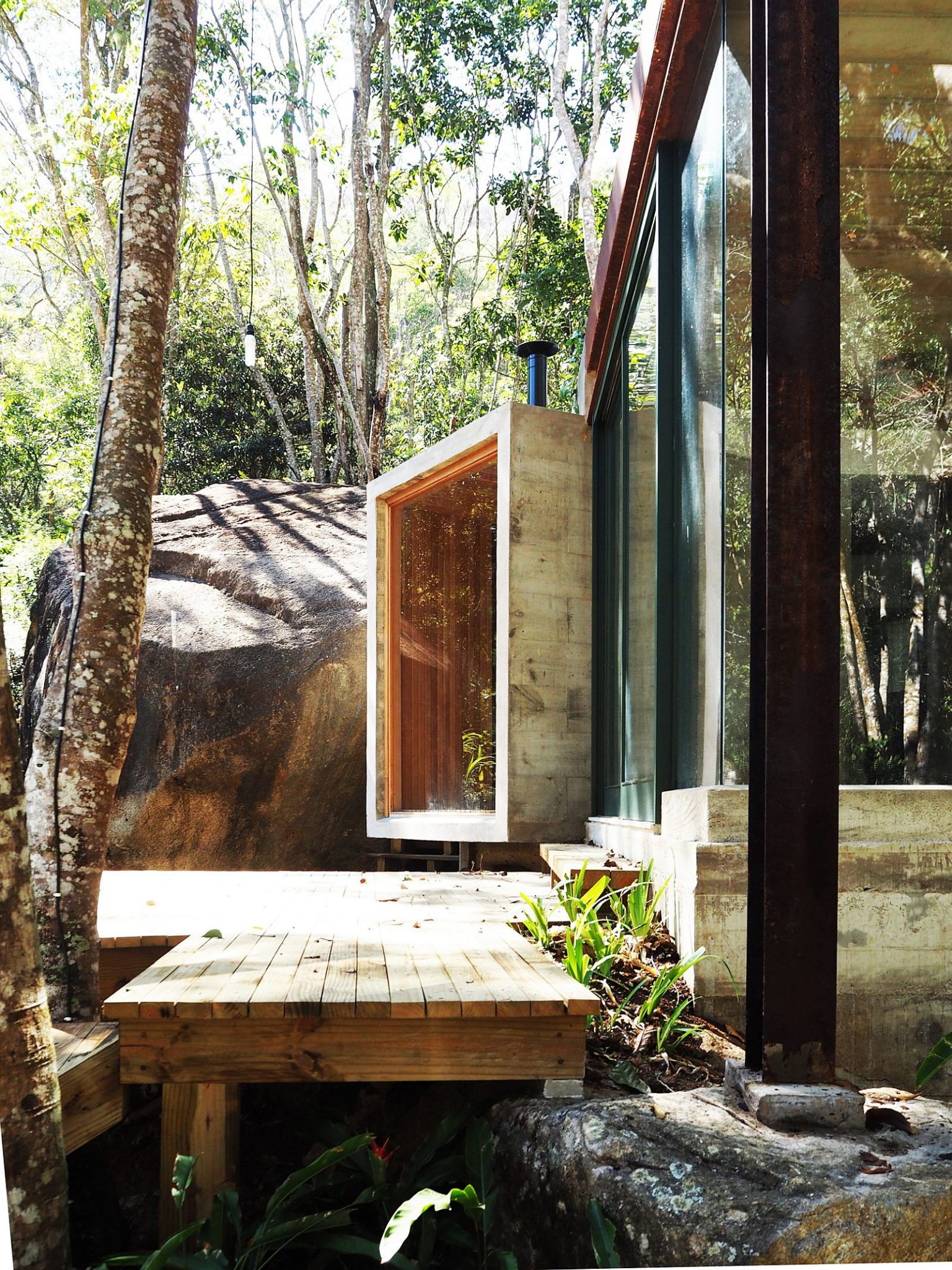 Wood and glass shape much of the spacious pavilion