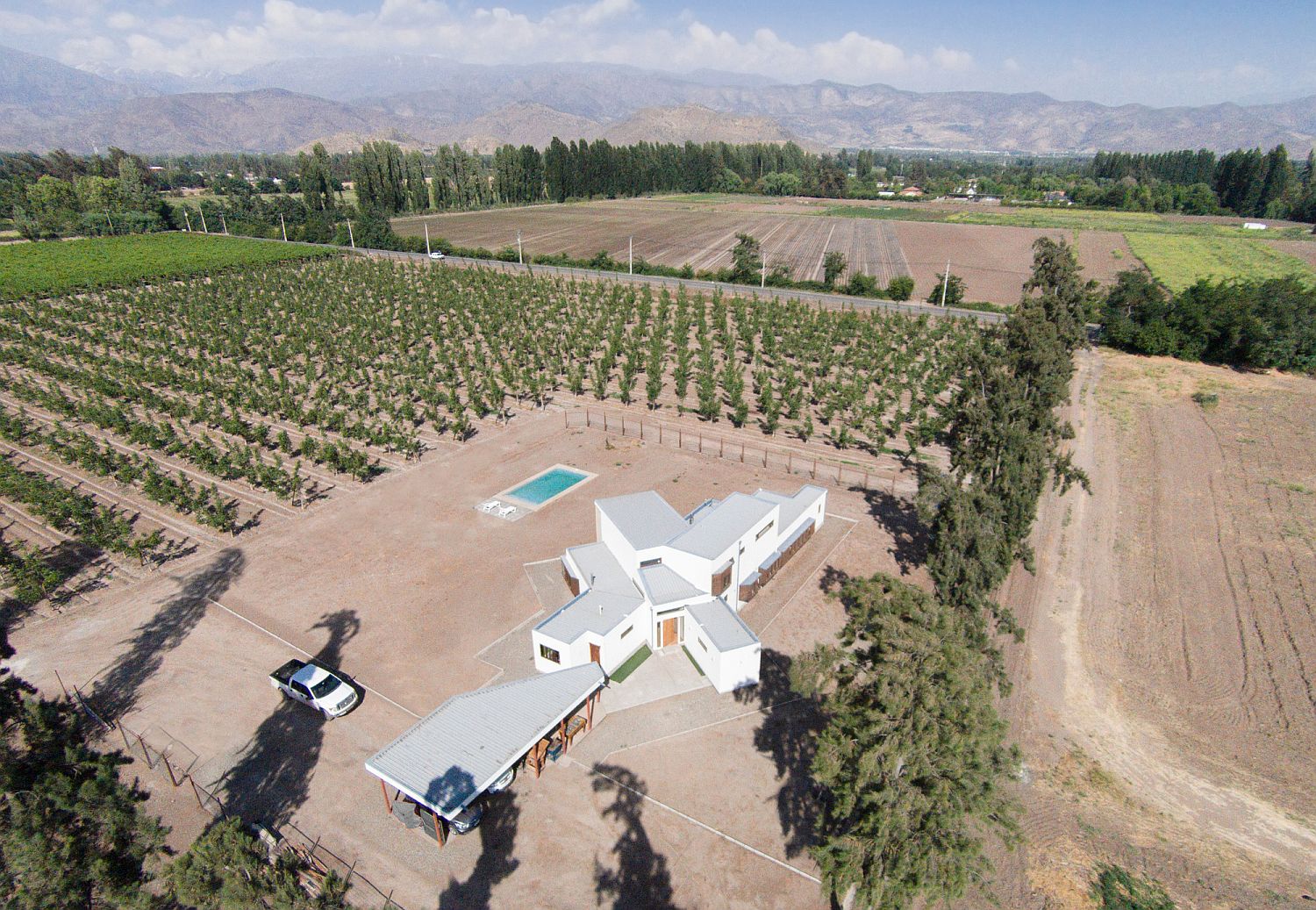 Aerial view of Passalacqua Lahsen House and the agricultural land around it