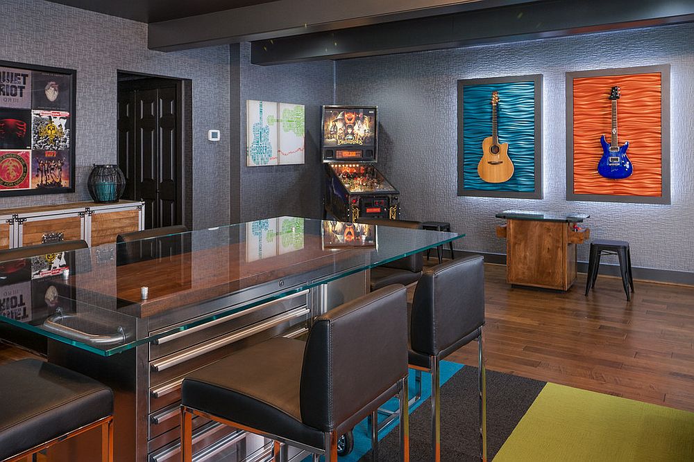 Contemporary-basement-in-gray-with-pinball-machine-in-the-corner