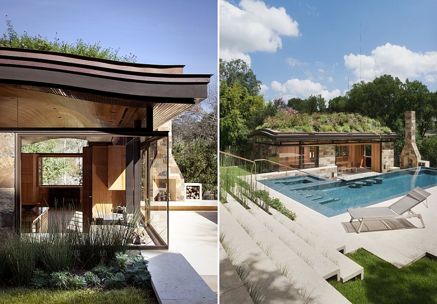 Curved green roof of poolhouse in Westlake Hills