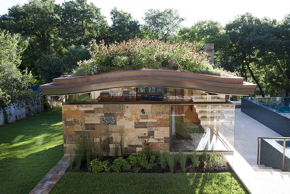 Pool House with a Curved Living Roof Makes a Bold Green Statement