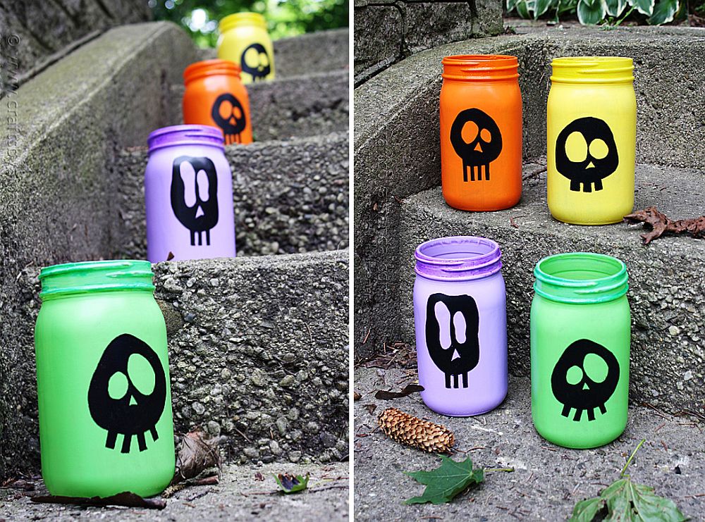 DIY painted skull luminaries crafted using mason jars