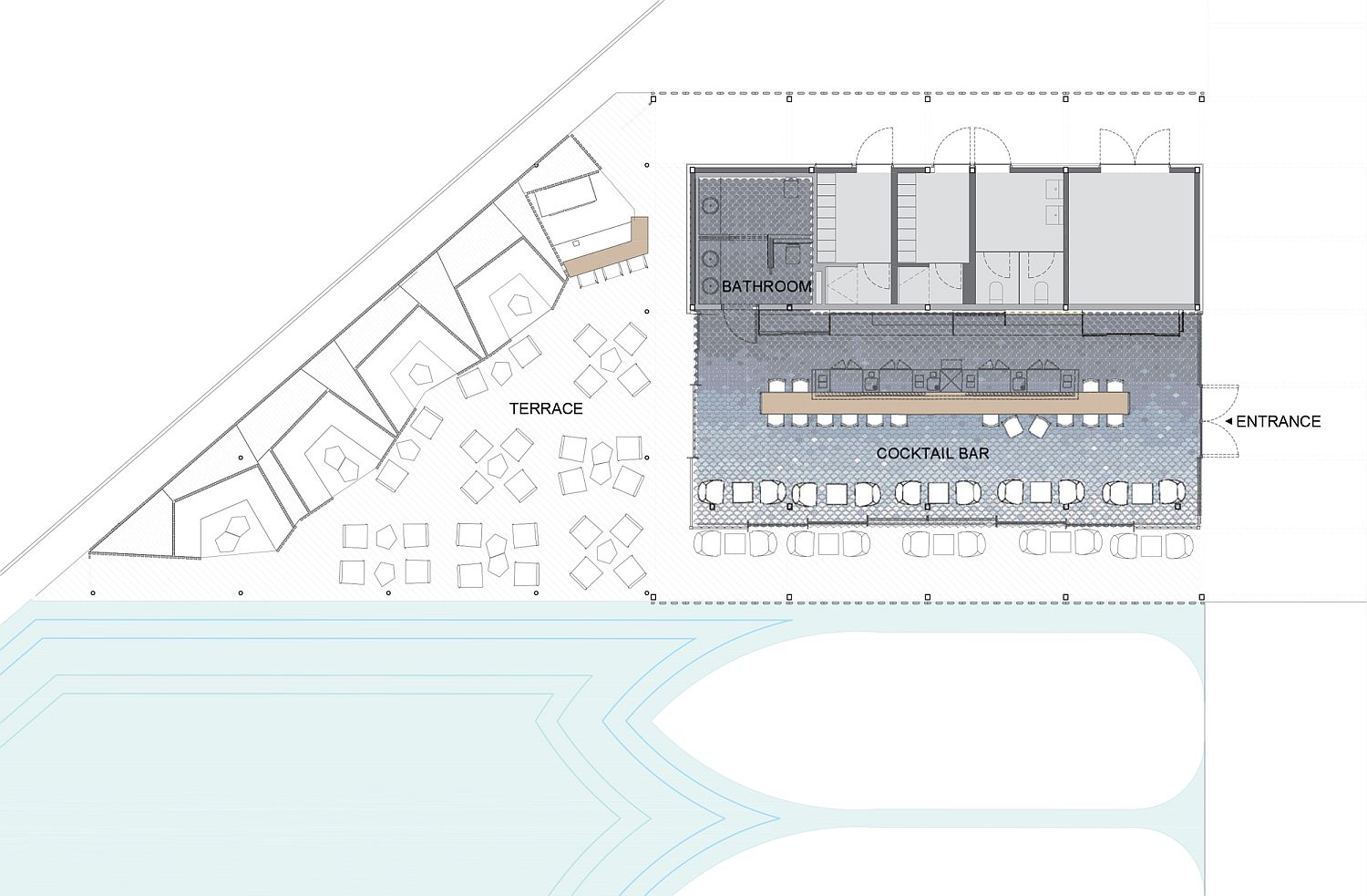 Design and plan of the Blue Wave Bar in Barcelona