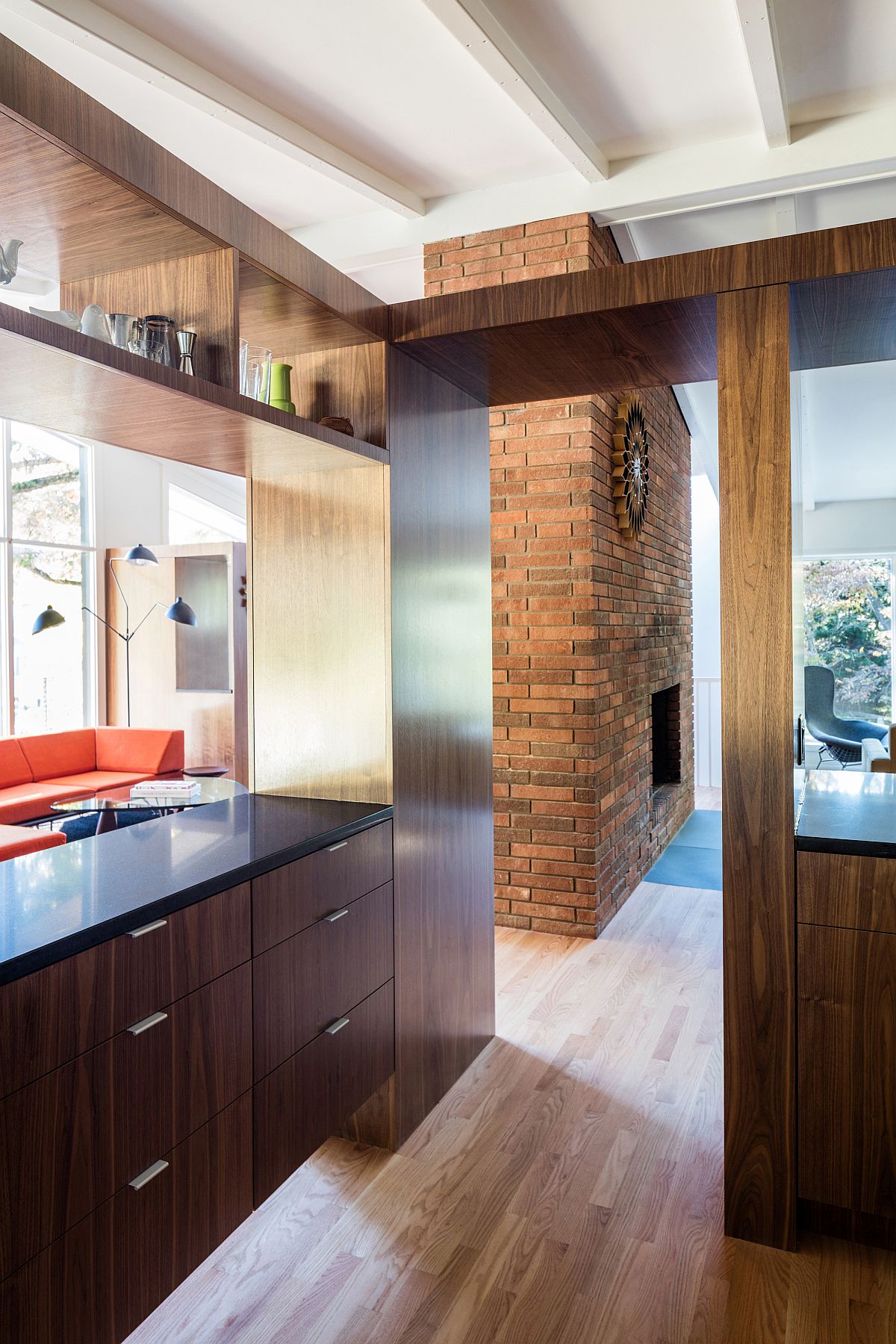 Exposed brick wall fireplace for the living area